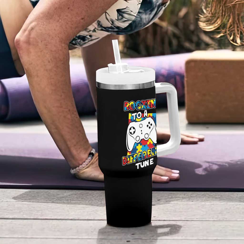 Autism Awareness Tumbler With Handle Rocking To A Different Tune Autistic Gamer
