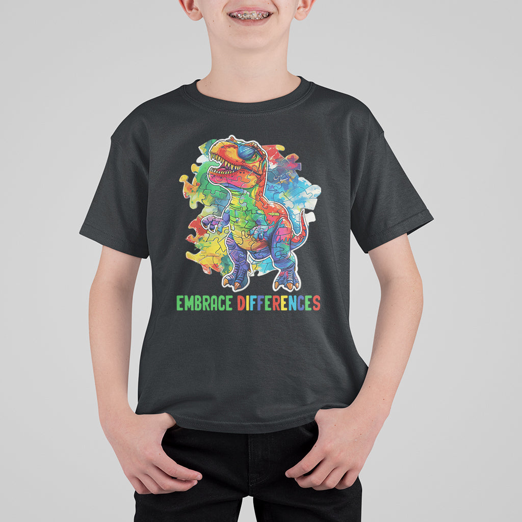 Autism Awareness T Shirt For Kid Embrace Differences Puzzle Dinosaur - Wonder Print Shop