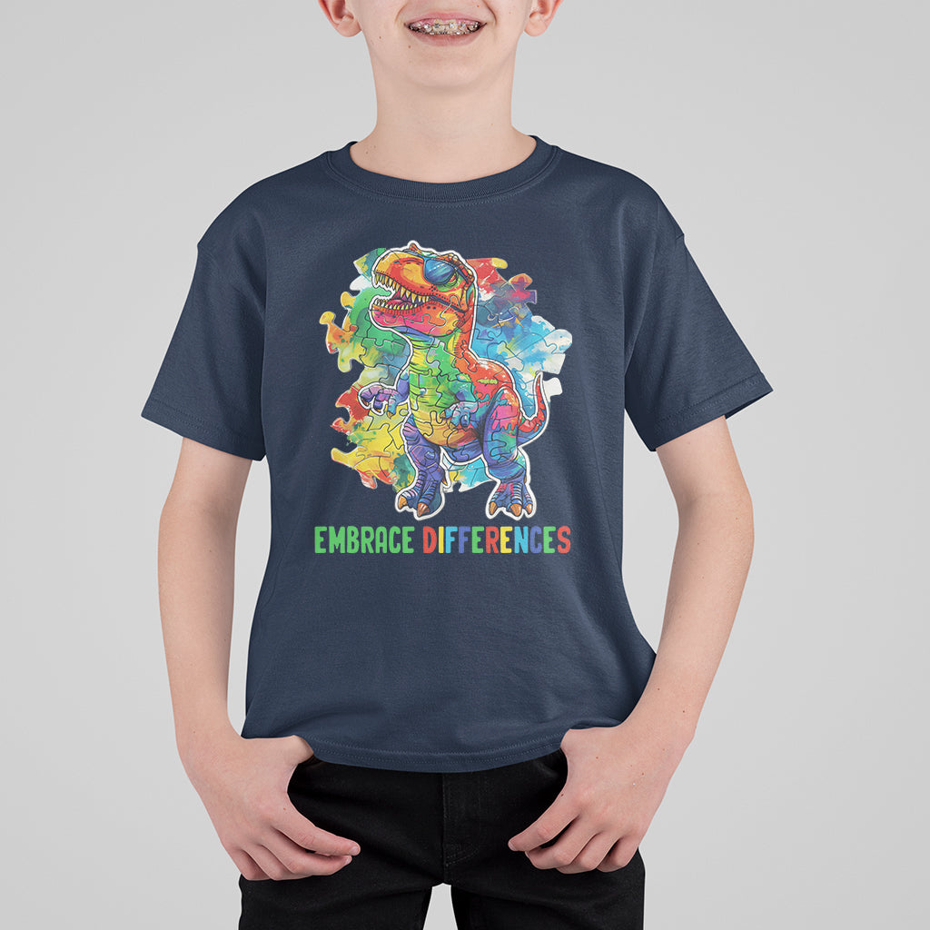 Autism Awareness T Shirt For Kid Embrace Differences Puzzle Dinosaur - Wonder Print Shop