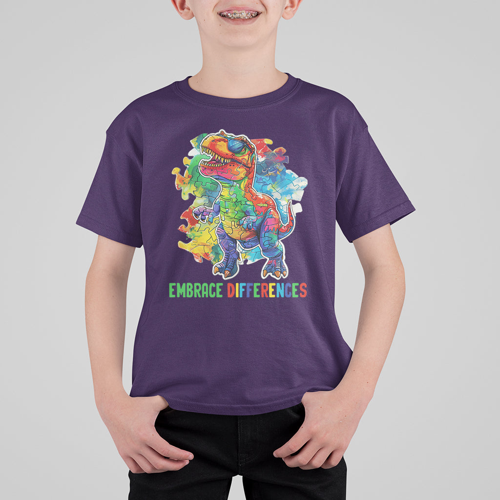 Autism Awareness T Shirt For Kid Embrace Differences Puzzle Dinosaur - Wonder Print Shop