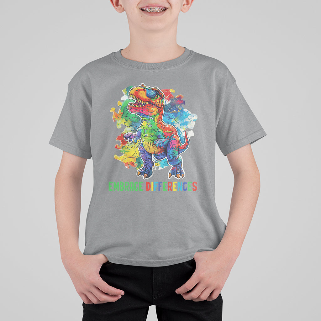 Autism Awareness T Shirt For Kid Embrace Differences Puzzle Dinosaur - Wonder Print Shop