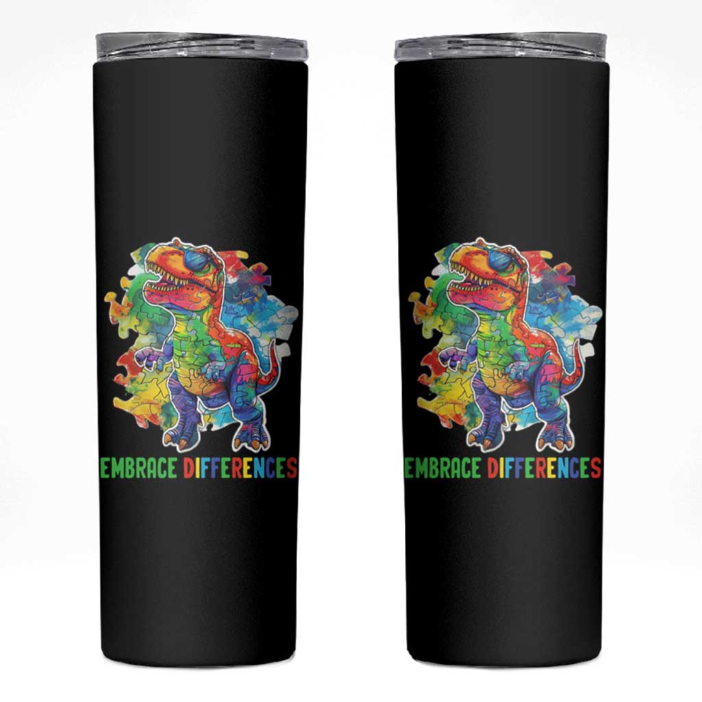 Autism Awareness Skinny Tumbler Embrace Differences Puzzle Dinosaur