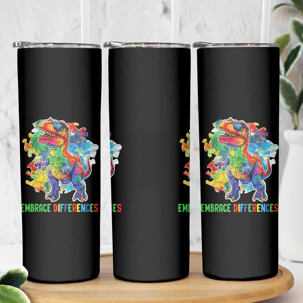 Autism Awareness Skinny Tumbler Embrace Differences Puzzle Dinosaur