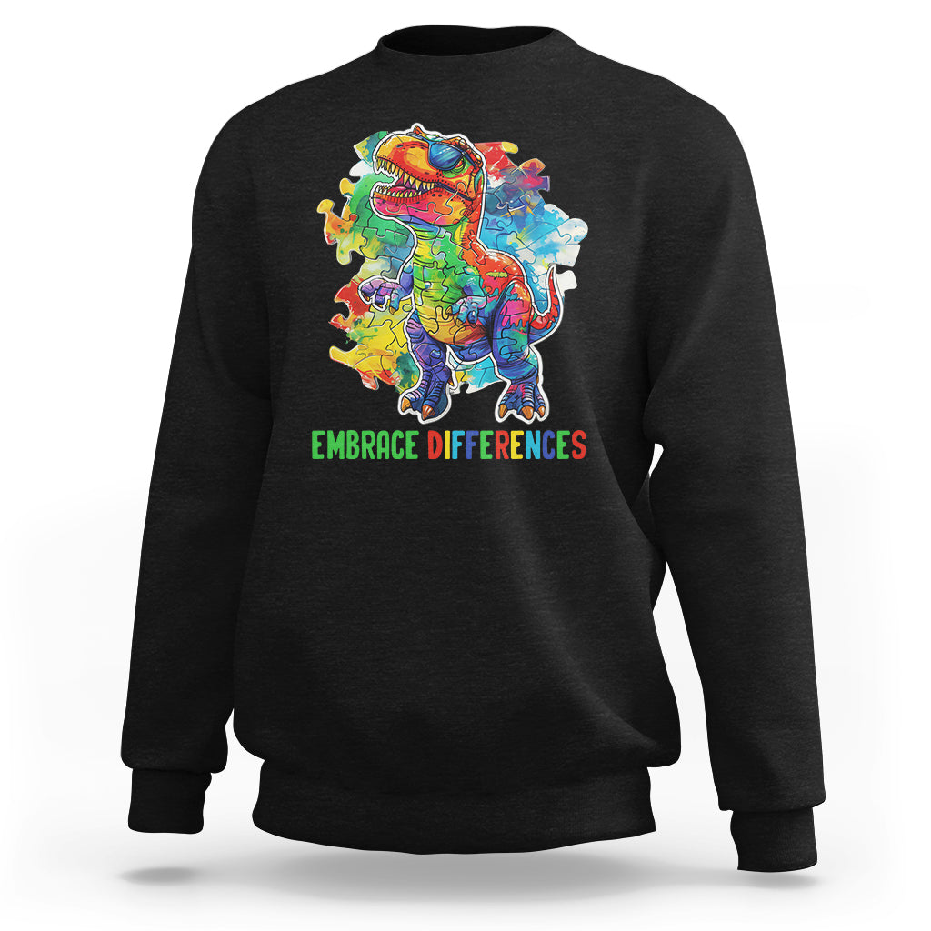 Autism Awareness Sweatshirt Embrace Differences Puzzle Dinosaur - Wonder Print Shop