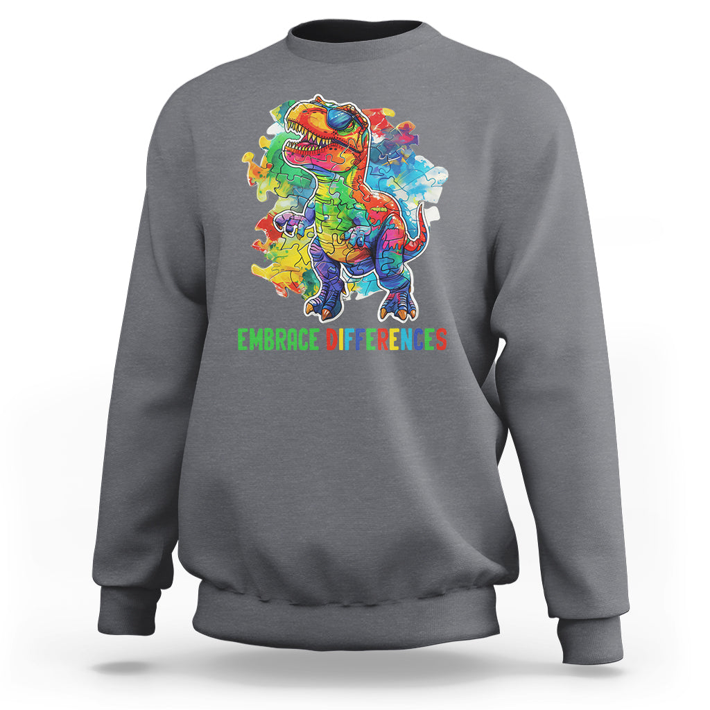Autism Awareness Sweatshirt Embrace Differences Puzzle Dinosaur - Wonder Print Shop