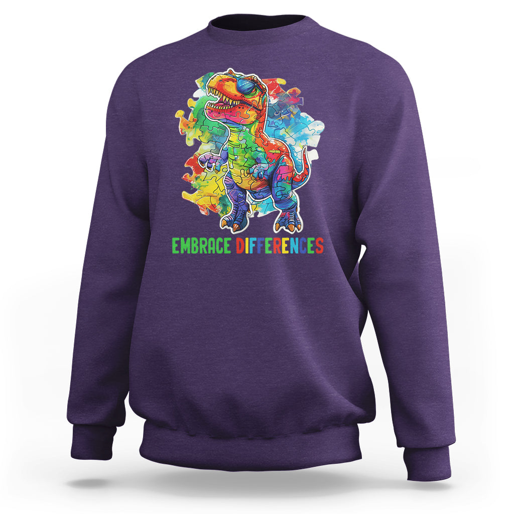 Autism Awareness Sweatshirt Embrace Differences Puzzle Dinosaur - Wonder Print Shop