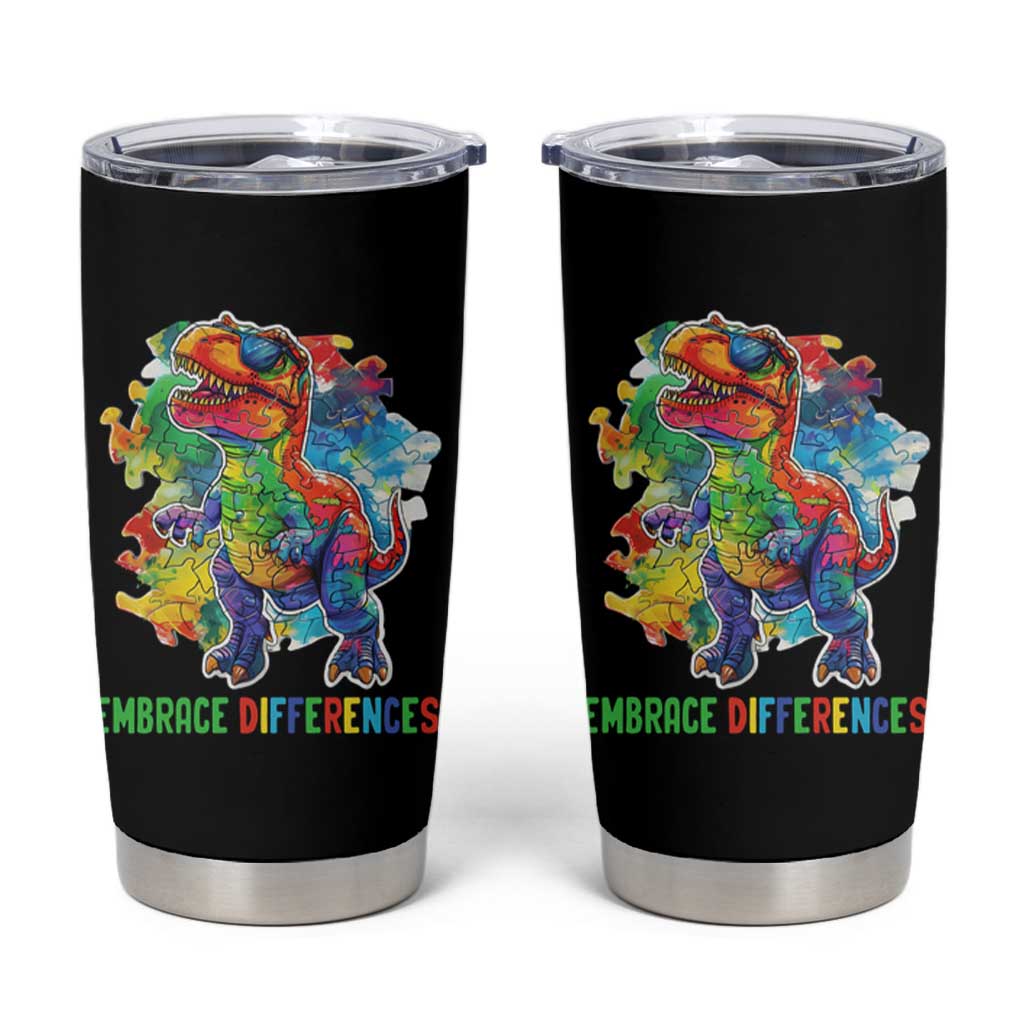 Autism Awareness Tumbler Cup Embrace Differences Puzzle Dinosaur