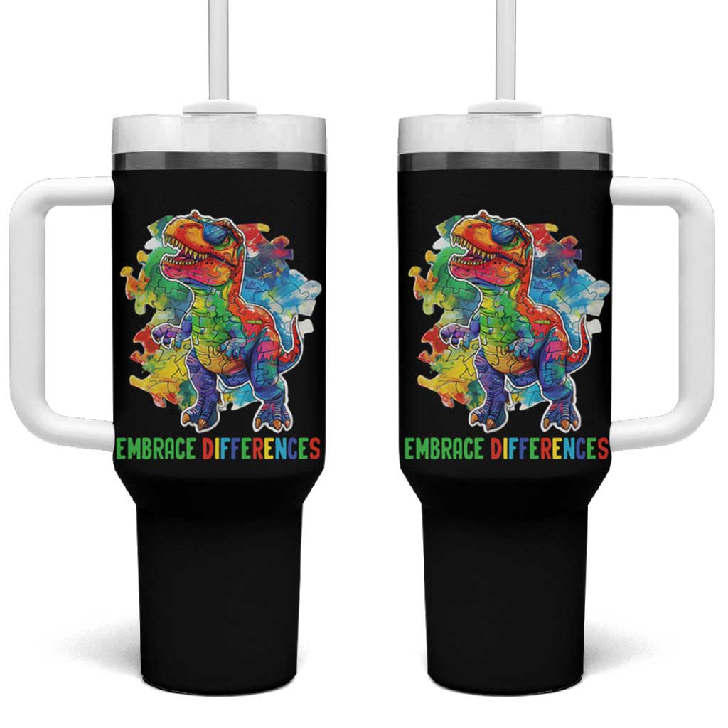 Autism Awareness Tumbler With Handle Embrace Differences Puzzle Dinosaur
