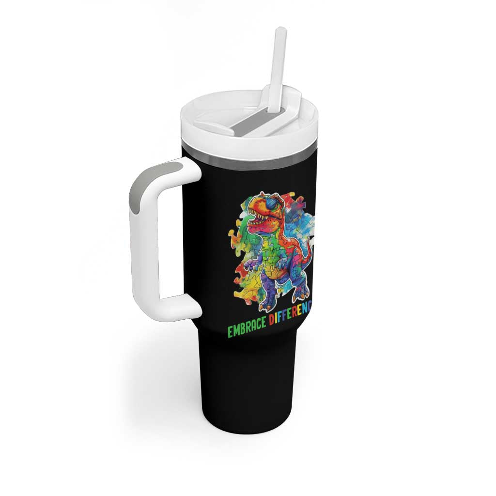 Autism Awareness Tumbler With Handle Embrace Differences Puzzle Dinosaur