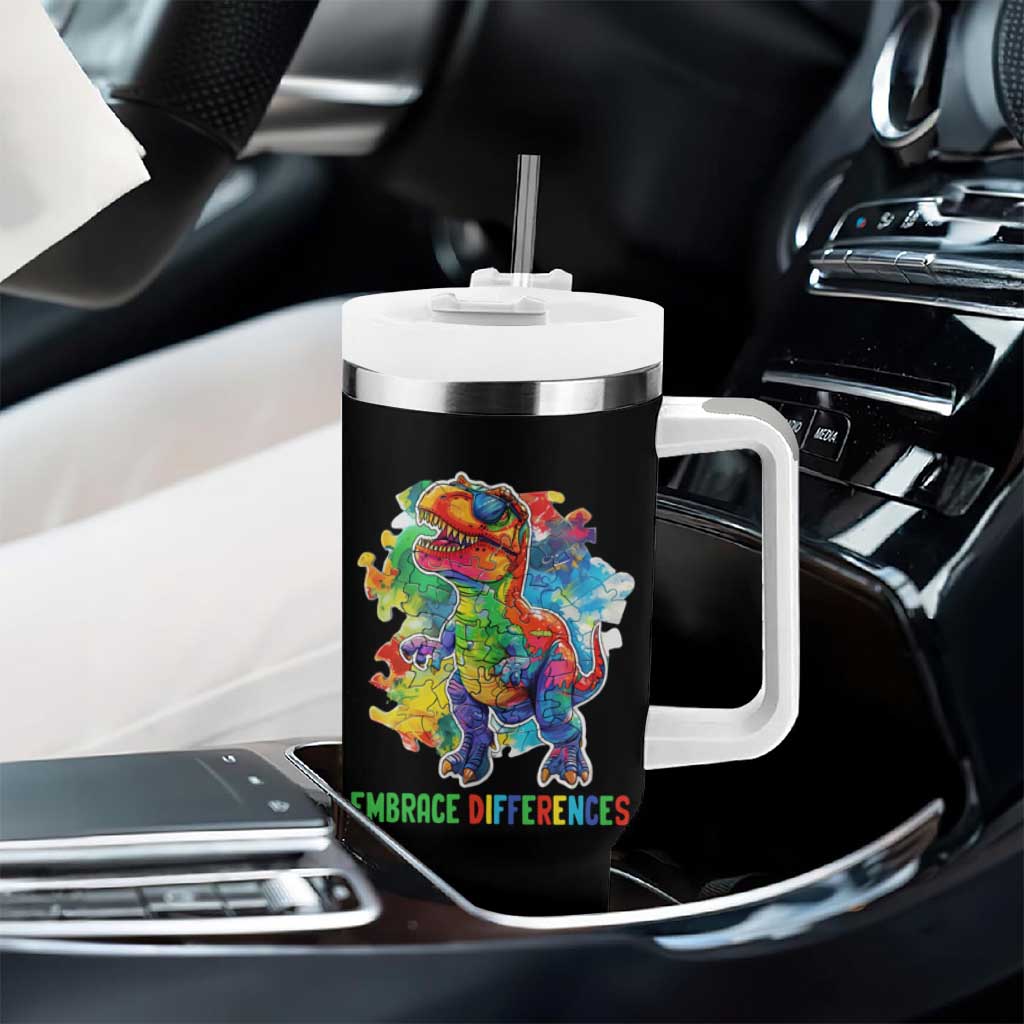 Autism Awareness Tumbler With Handle Embrace Differences Puzzle Dinosaur