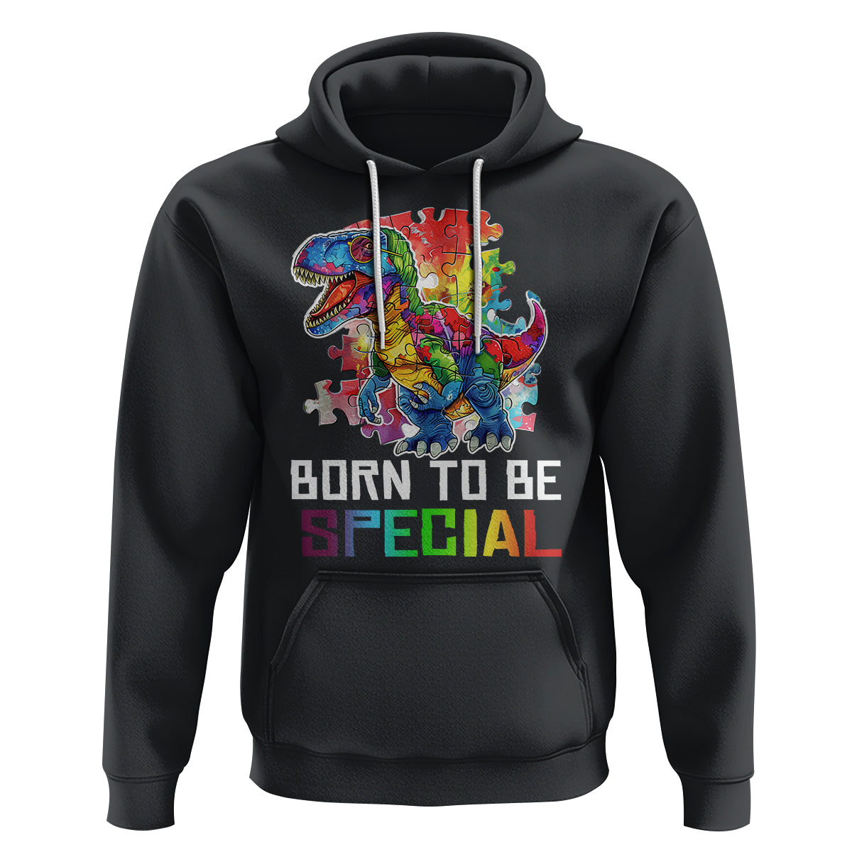 Autism Awareness Hoodie Born To Be Special Rainbow Puzzle Dinosaur - Wonder Print Shop