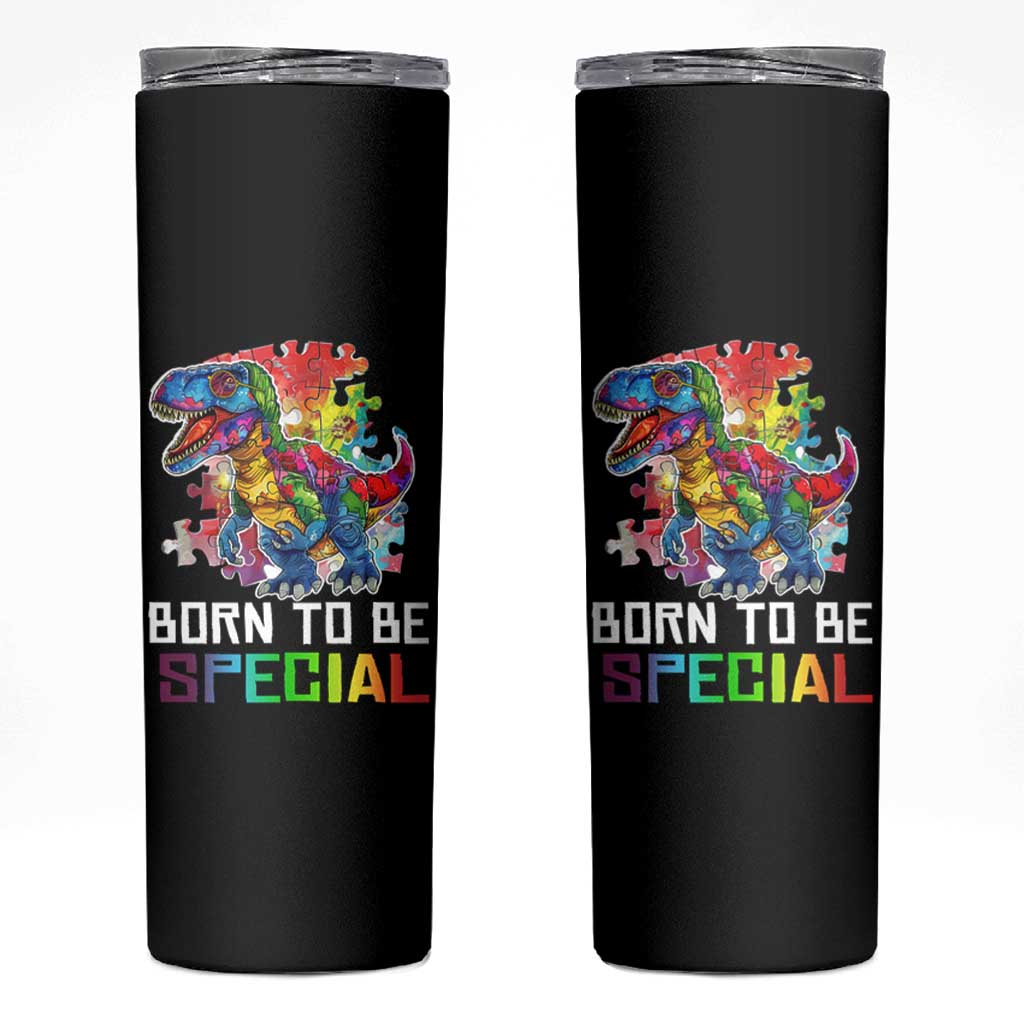 Autism Awareness Skinny Tumbler Born To Be Special Rainbow Puzzle Dinosaur