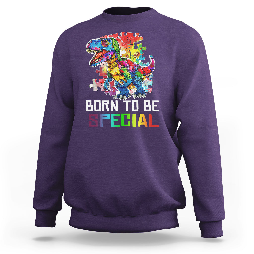 Autism Awareness Sweatshirt Born To Be Special Rainbow Puzzle Dinosaur - Wonder Print Shop