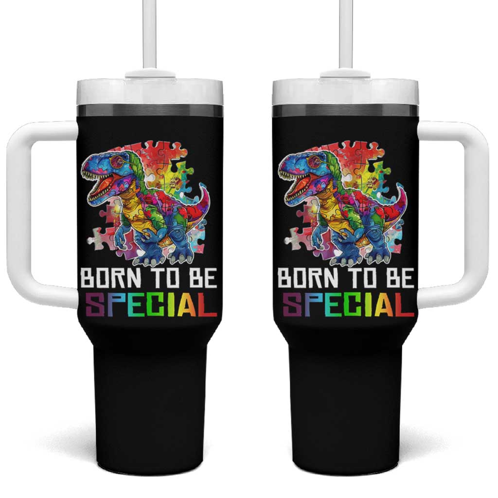 Autism Awareness Tumbler With Handle Born To Be Special Rainbow Puzzle Dinosaur