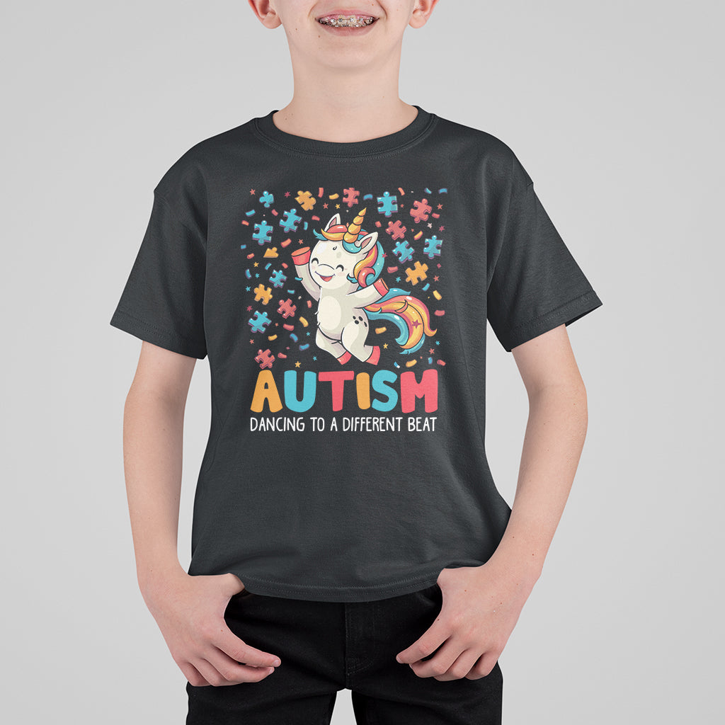 Autism Awareness T Shirt For Kid Puzzle Unicorn Dancing To A Different Beat - Wonder Print Shop