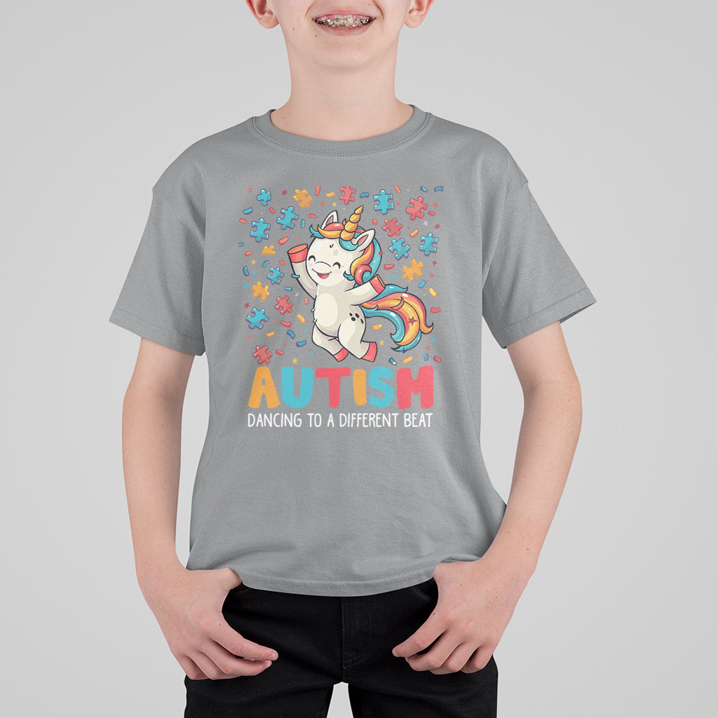 Autism Awareness T Shirt For Kid Puzzle Unicorn Dancing To A Different Beat - Wonder Print Shop