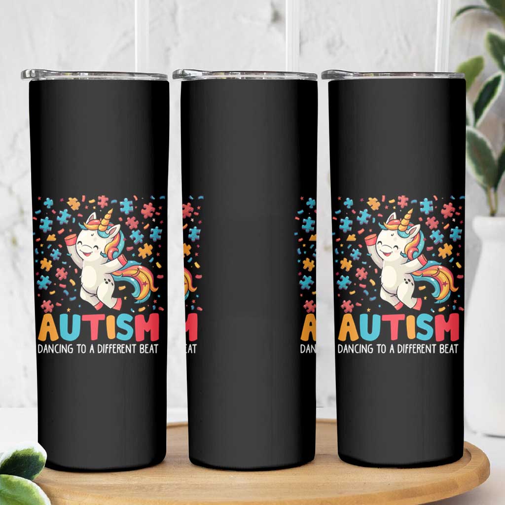 Autism Awareness Skinny Tumbler Puzzle Unicorn Dancing To A Different Beat