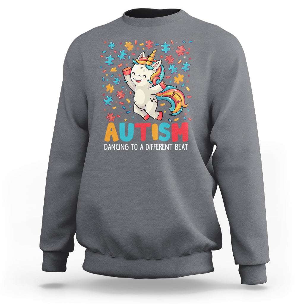 Autism Awareness Sweatshirt Puzzle Unicorn Dancing To A Different Beat - Wonder Print Shop