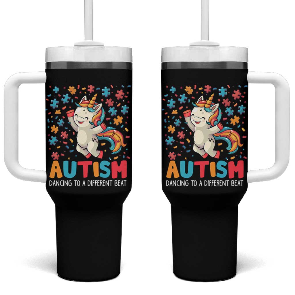 Autism Awareness Tumbler With Handle Puzzle Unicorn Dancing To A Different Beat