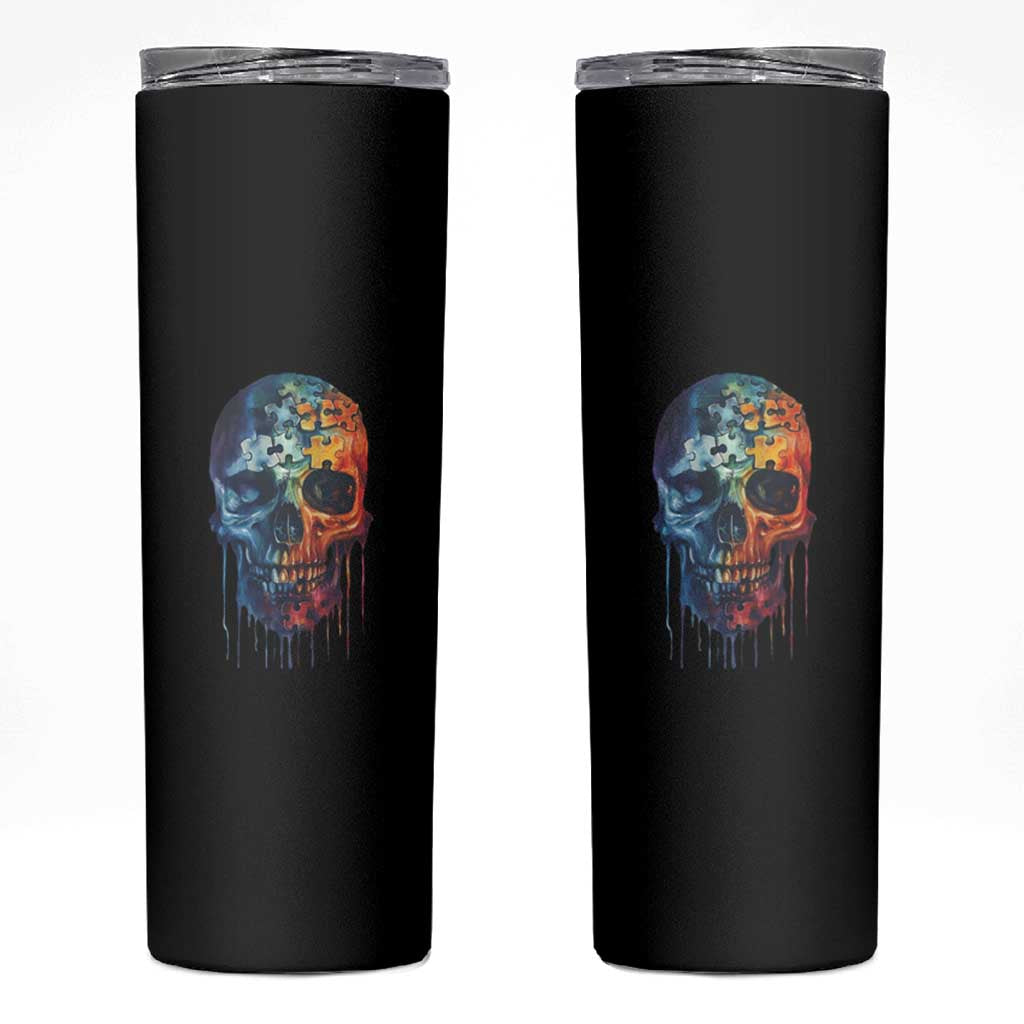 Autism Awareness Cool Puzzle Skull Skinny Tumbler