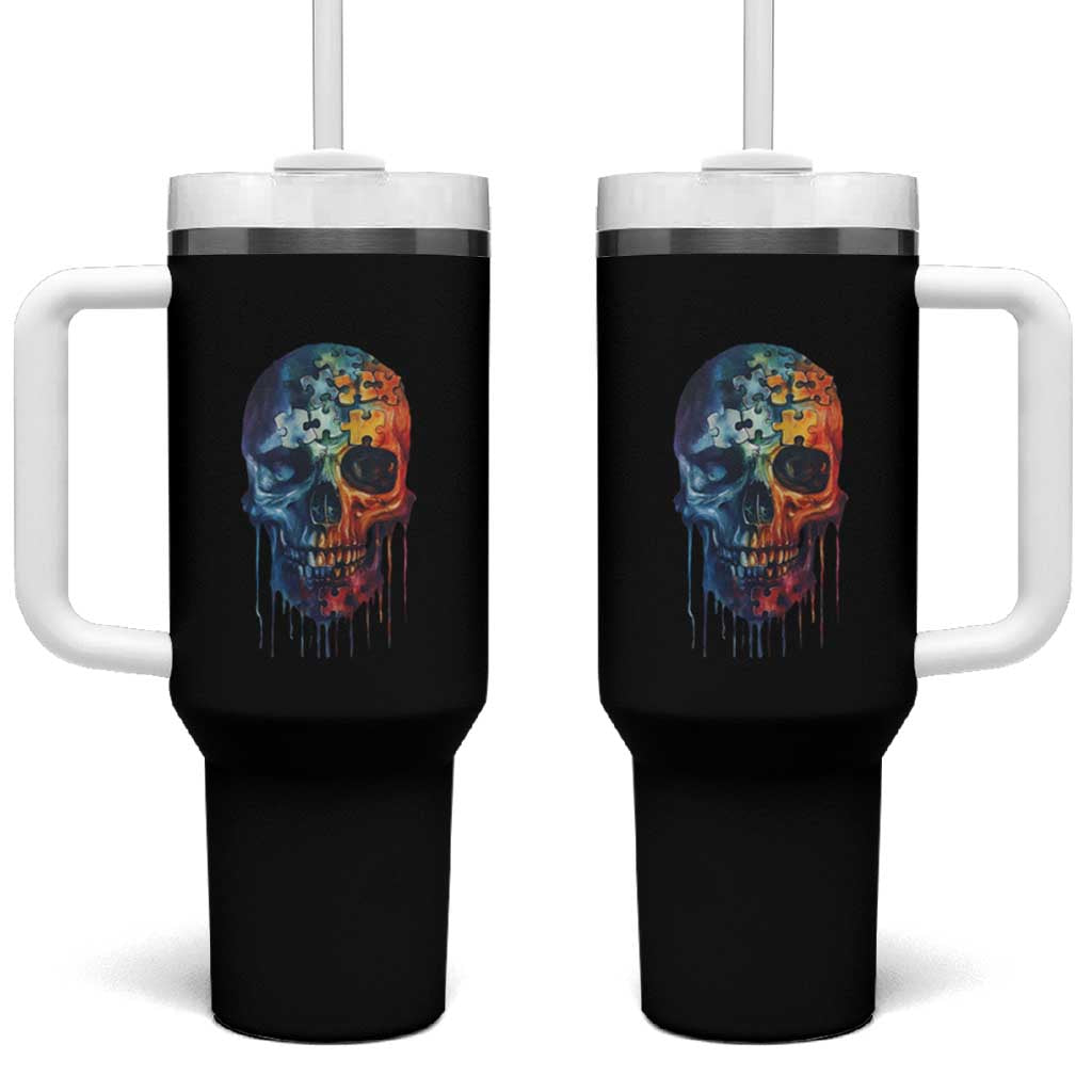 Autism Awareness Cool Puzzle Skull Tumbler With Handle