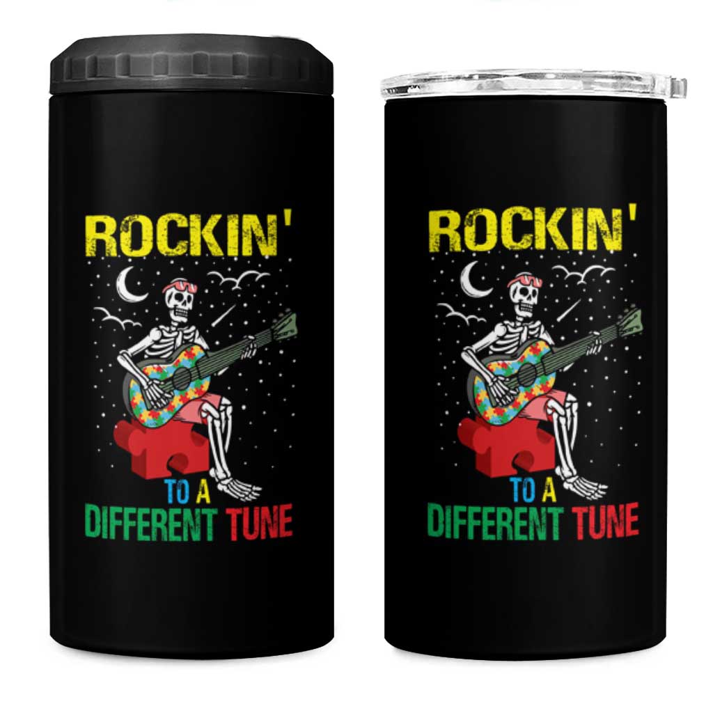 Autism Awareness 4 in 1 Can Cooler Tumbler Rockin' To A Different Tune Skeleton