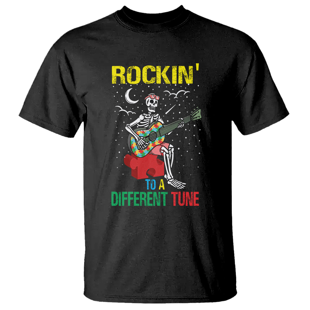 Autism Awareness T Shirt Rockin' To A Different Tune Skeleton - Wonder Print Shop