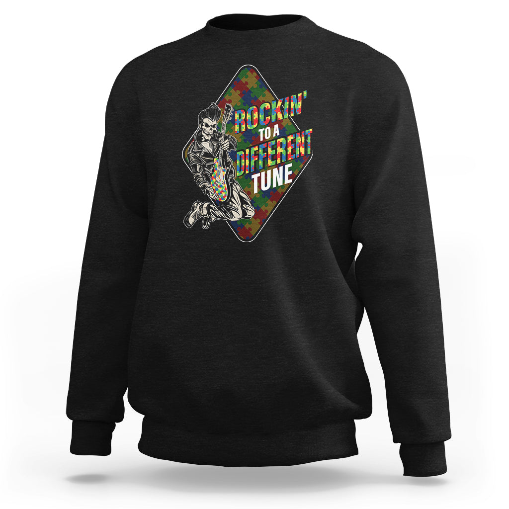 Autism Awareness Sweatshirt Rockin' To A Different Tune Skeleton - Wonder Print Shop