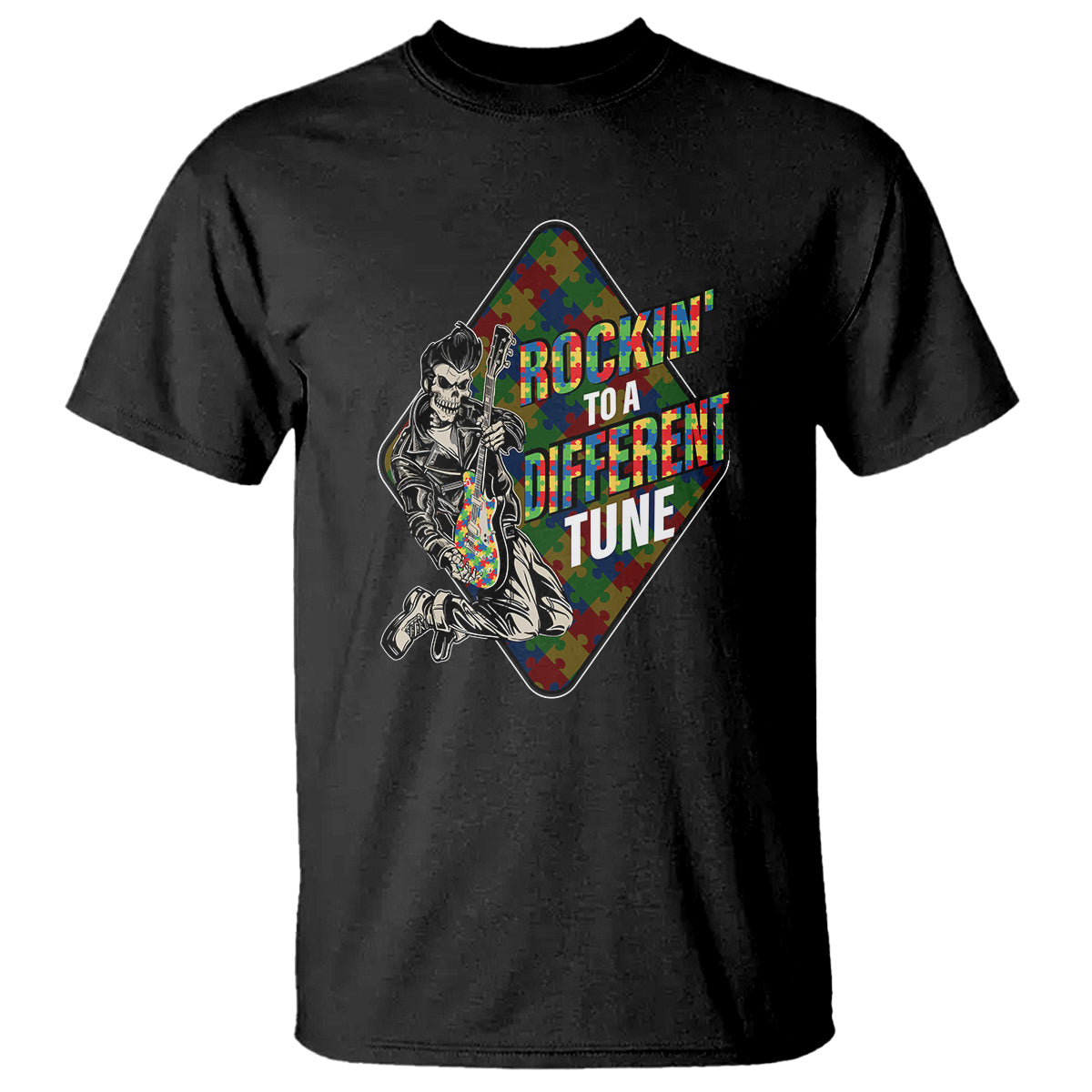 Autism Awareness T Shirt Rockin' To A Different Tune Skeleton - Wonder Print Shop