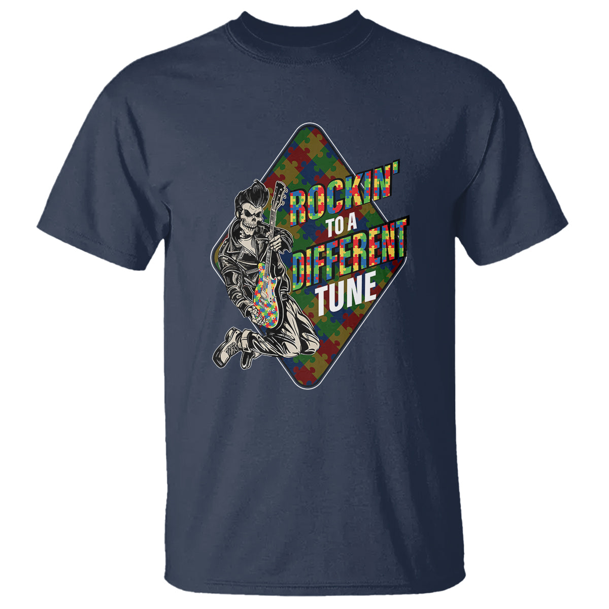 Autism Awareness T Shirt Rockin' To A Different Tune Skeleton - Wonder Print Shop