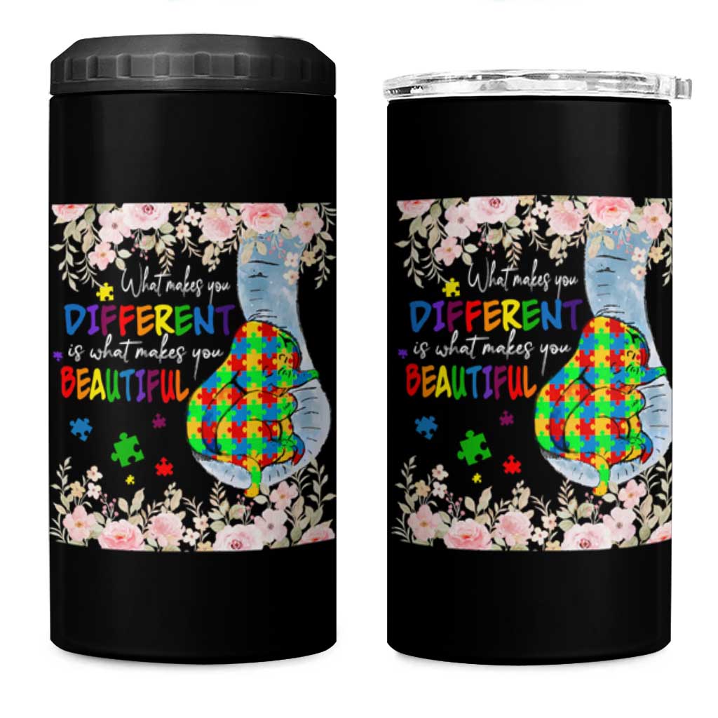 Autism Awareness 4 in 1 Can Cooler Tumbler What Makes You Different Is What Makes You Beautiful Autistic Elephant Mom