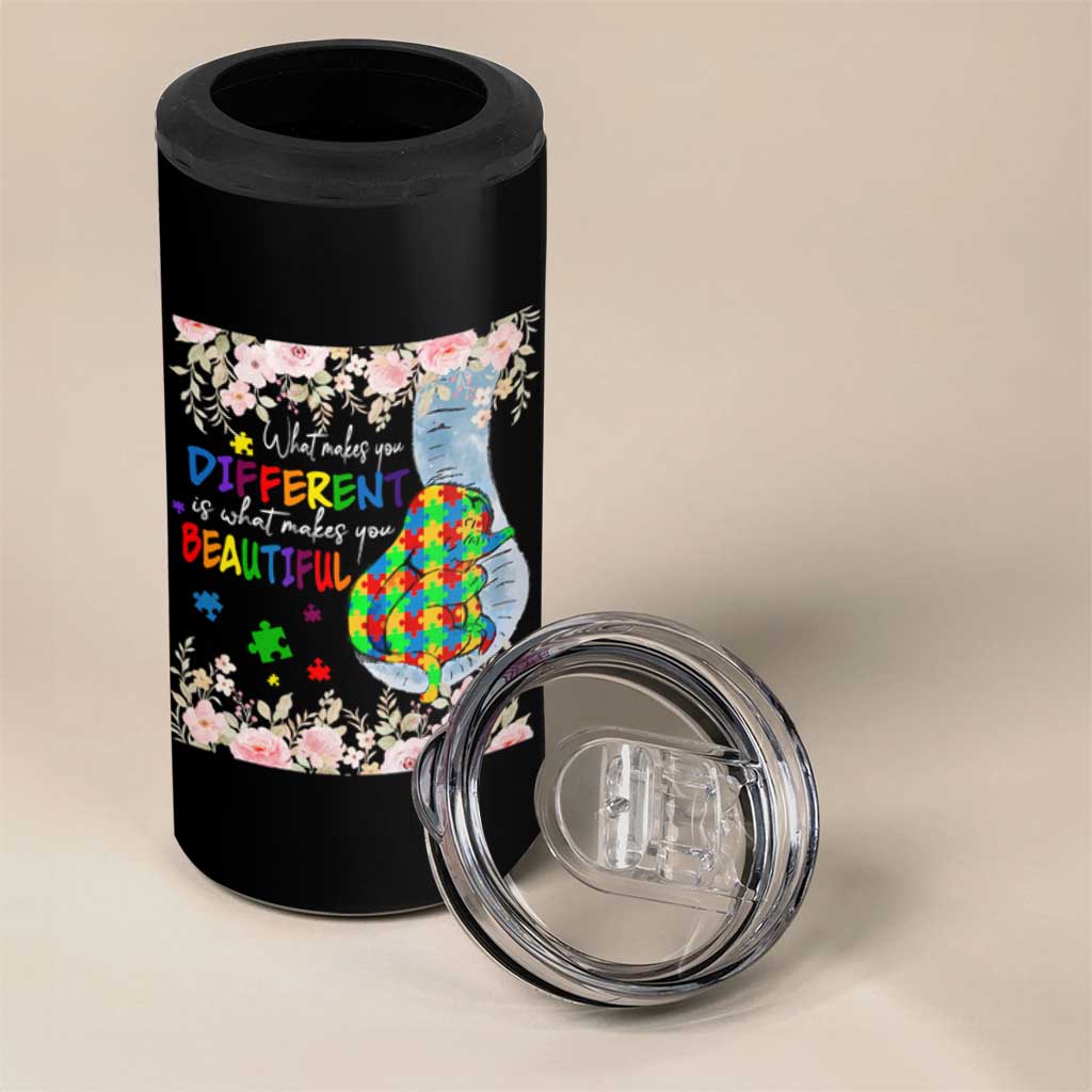 Autism Awareness 4 in 1 Can Cooler Tumbler What Makes You Different Is What Makes You Beautiful Autistic Elephant Mom