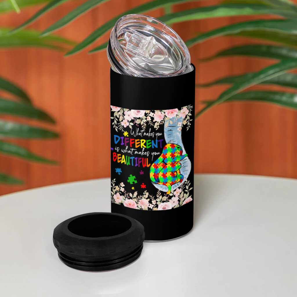 Autism Awareness 4 in 1 Can Cooler Tumbler What Makes You Different Is What Makes You Beautiful Autistic Elephant Mom