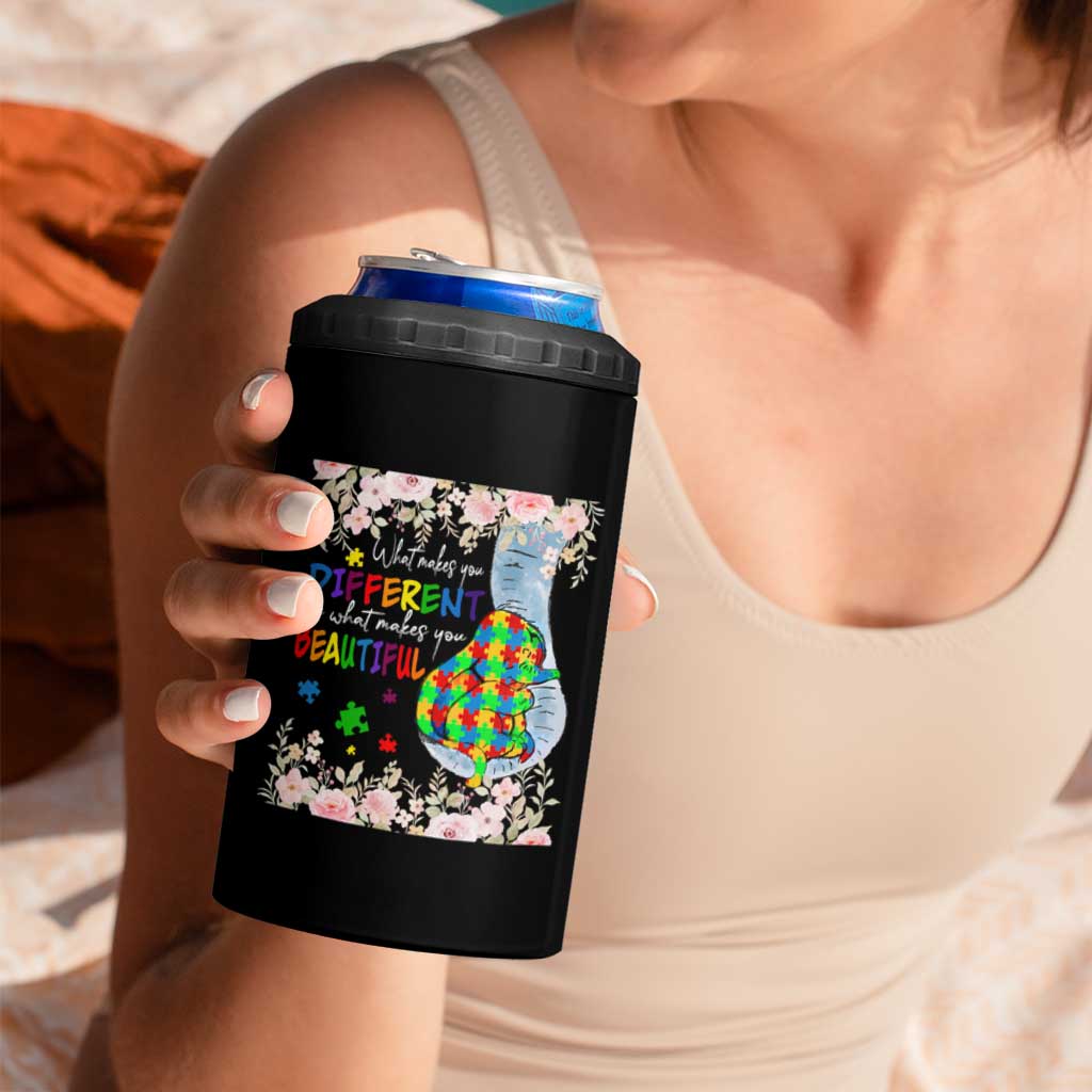 Autism Awareness 4 in 1 Can Cooler Tumbler What Makes You Different Is What Makes You Beautiful Autistic Elephant Mom