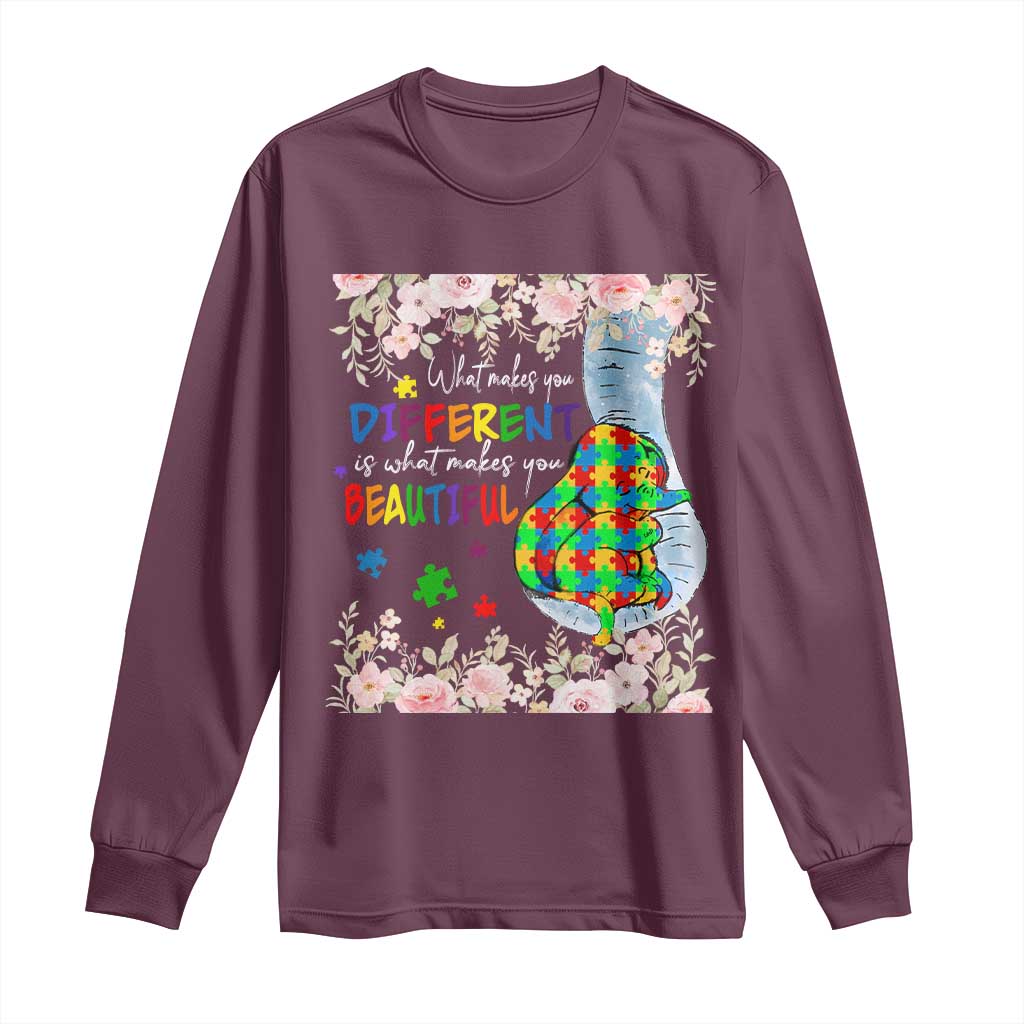 Autism Awareness Long Sleeve Shirt What Makes You Different Is What Makes You Beautiful Autistic Elephant Mom