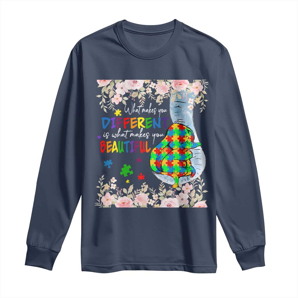 Autism Awareness Long Sleeve Shirt What Makes You Different Is What Makes You Beautiful Autistic Elephant Mom