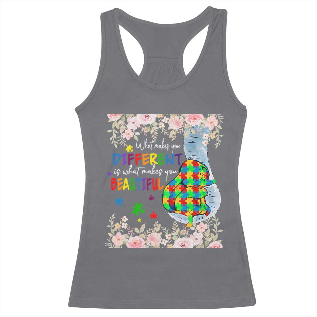 Autism Awareness Racerback Tank Top What Makes You Different Is What Makes You Beautiful Autistic Elephant Mom