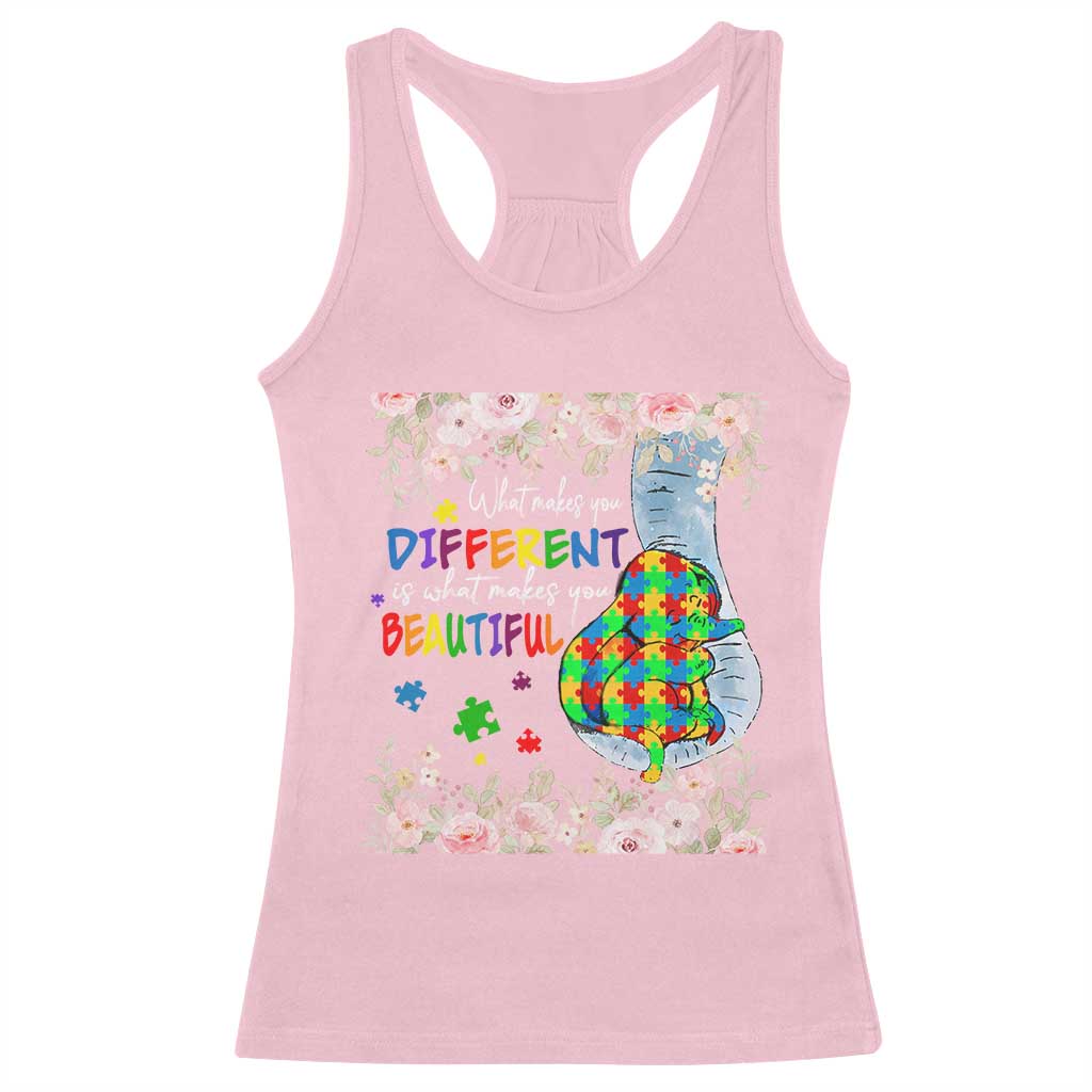 Autism Awareness Racerback Tank Top What Makes You Different Is What Makes You Beautiful Autistic Elephant Mom