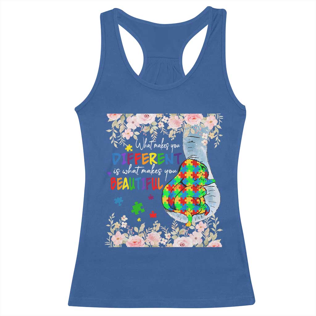 Autism Awareness Racerback Tank Top What Makes You Different Is What Makes You Beautiful Autistic Elephant Mom