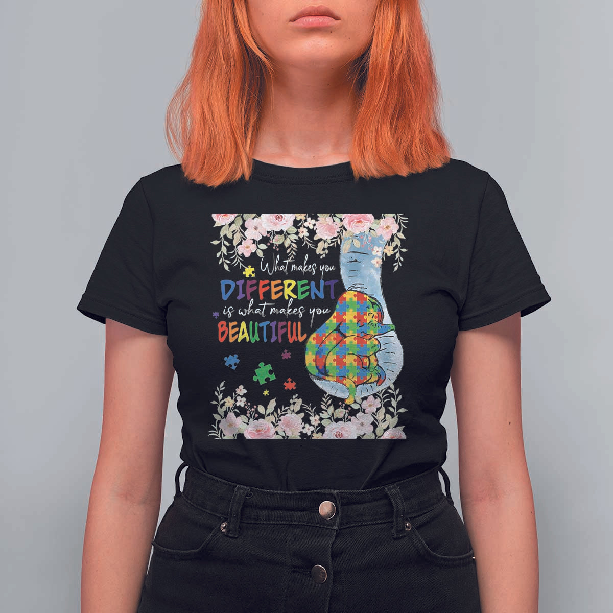 Autism Awareness T Shirt For Women What Makes You Different Is What Makes You Beautiful Autistic Elephant Mom - Wonder Print Shop