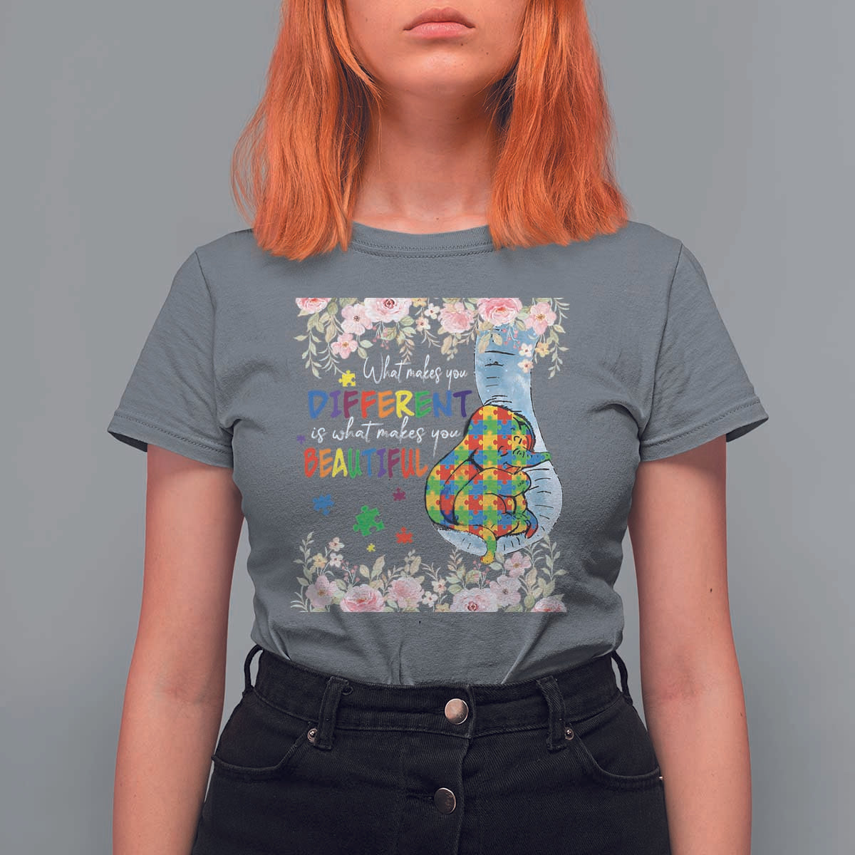 Autism Awareness T Shirt For Women What Makes You Different Is What Makes You Beautiful Autistic Elephant Mom - Wonder Print Shop