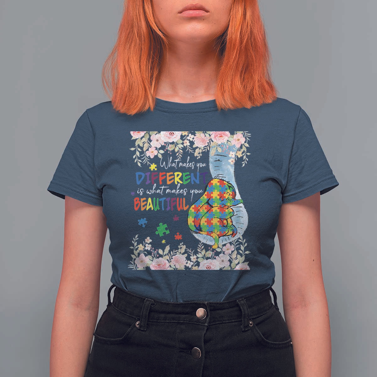 Autism Awareness T Shirt For Women What Makes You Different Is What Makes You Beautiful Autistic Elephant Mom - Wonder Print Shop
