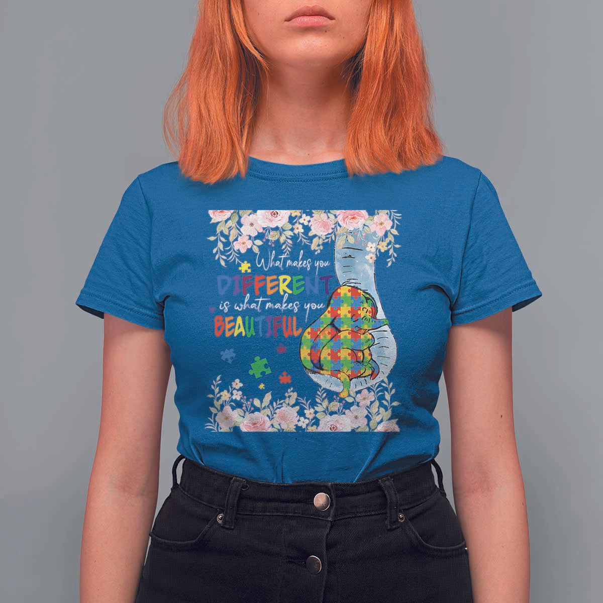 Autism Awareness T Shirt For Women What Makes You Different Is What Makes You Beautiful Autistic Elephant Mom - Wonder Print Shop