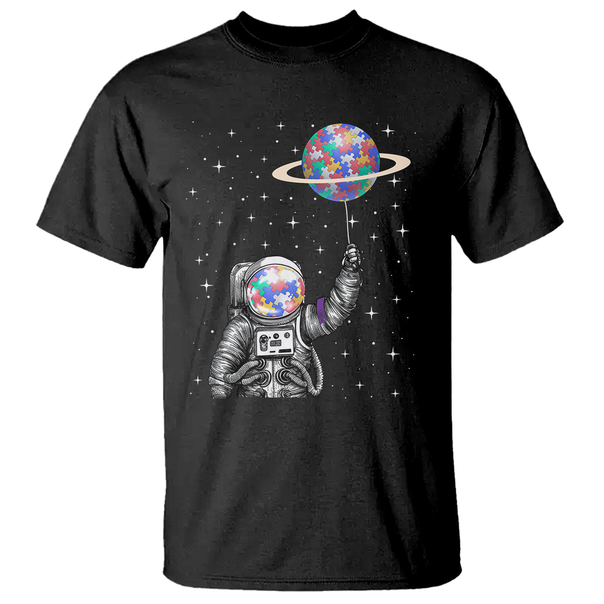 Autism Awareness T Shirt Astronaut Puzzle Balloon Autistic Outer Space - Wonder Print Shop