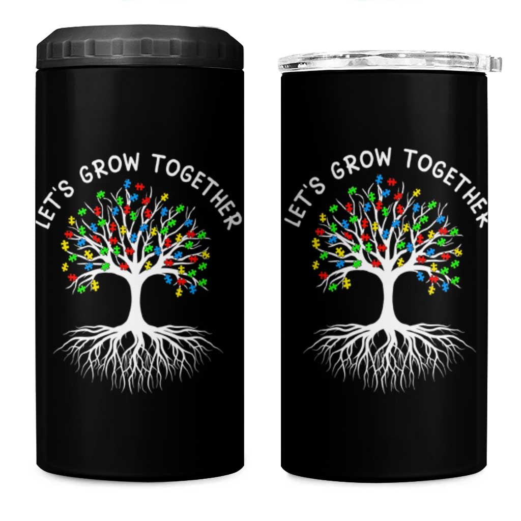 Autism Awareness 4 in 1 Can Cooler Tumbler Let's Grow Together Puzzle Flowers