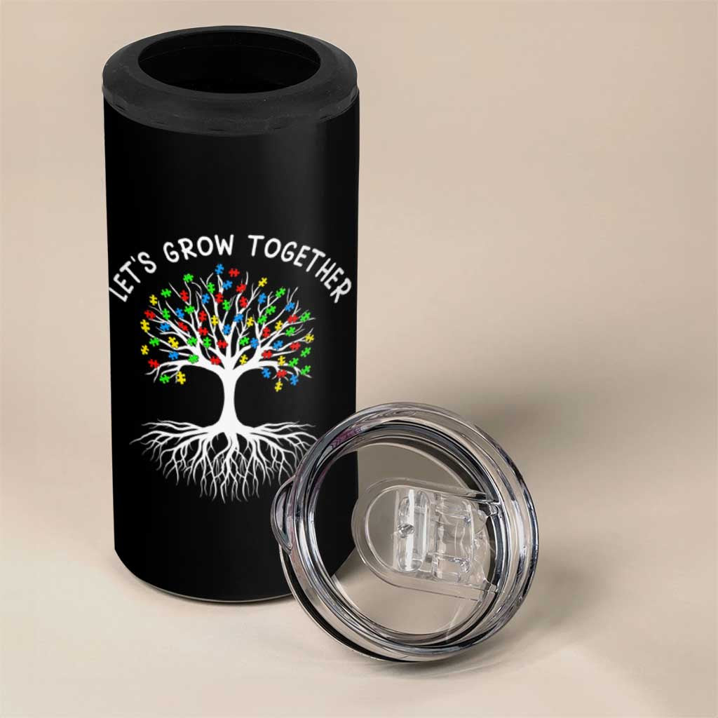 Autism Awareness 4 in 1 Can Cooler Tumbler Let's Grow Together Puzzle Flowers