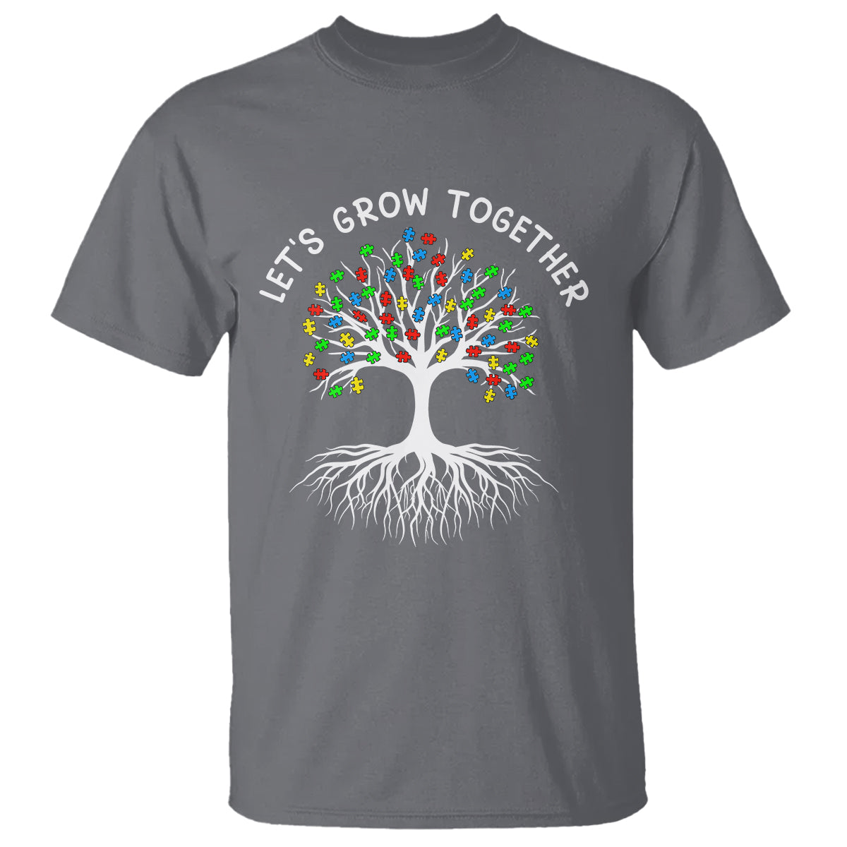Autism Awareness T Shirt Let's Grow Together Puzzle Flowers - Wonder Print Shop