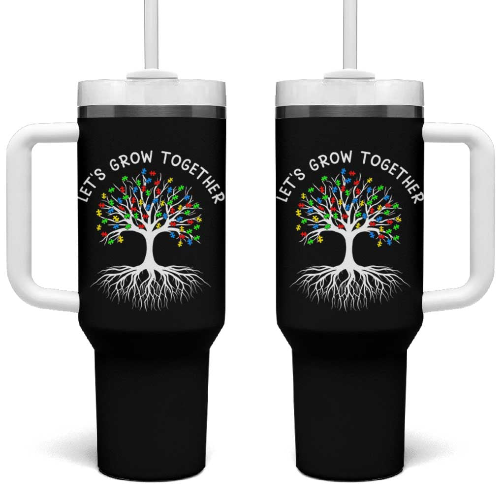 Autism Awareness Tumbler With Handle Let's Grow Together Puzzle Flowers