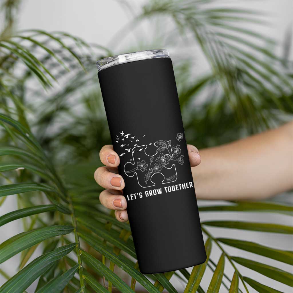 Autism Awareness Skinny Tumbler Let's Grow Together Puzzle Tree