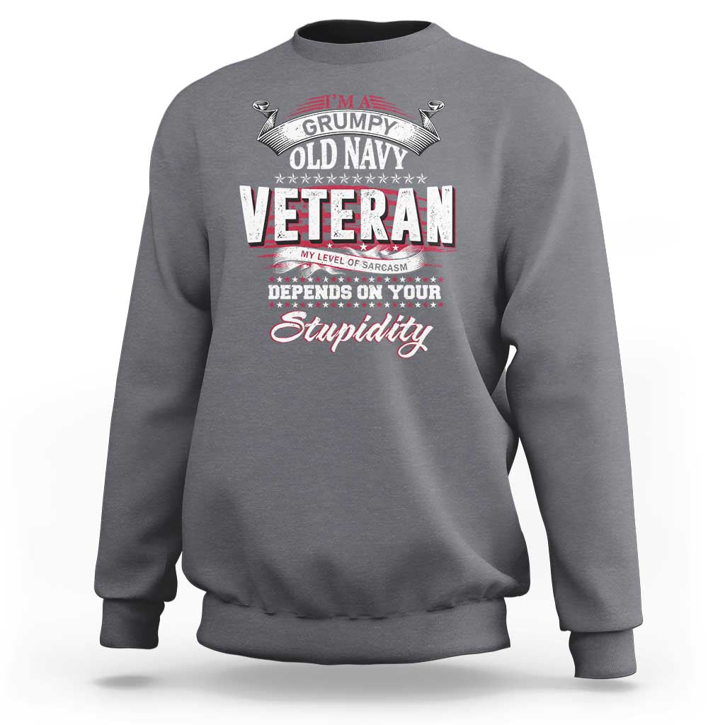 Grumpy Old Navy Veteran Sweatshirt My Level Of Sarcasm Depends On Your Level Of Stupidity - Wonder Print Shop